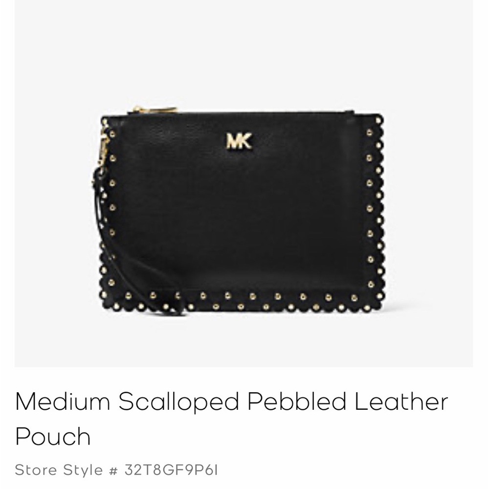 MICHAEL KORS Medium scalloped leather pouch in black. New without tags.